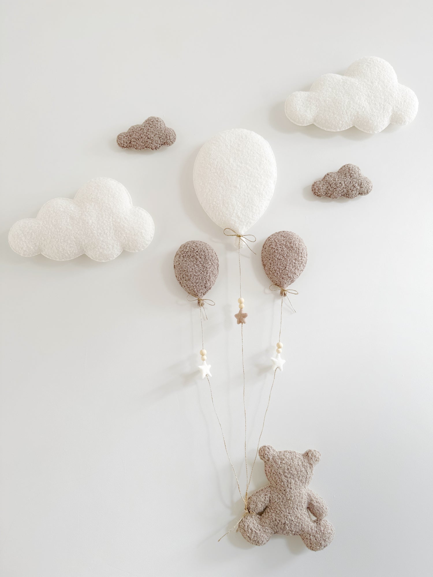 Balloons, Clouds and Teddy Bear nursery wall display set in ivory & ecru bouclé