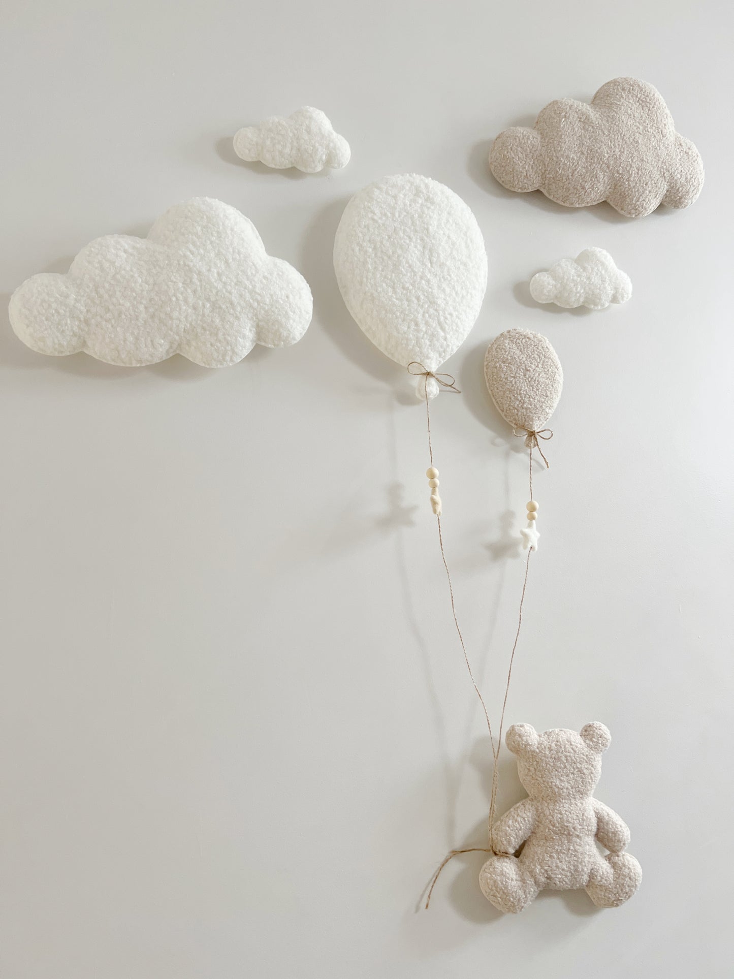 Balloons & Clouds Wall Display Set - 2 Balloons, Large Teddy Bear - Ivory & Ecru Bouclé