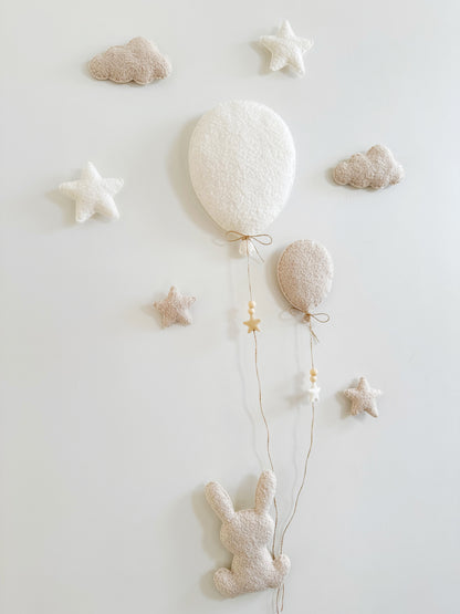 Balloons, Clouds & Stars Wall Display Set  - 2 Balloons - Large Bunny - Ivory & Ecru Bouclé