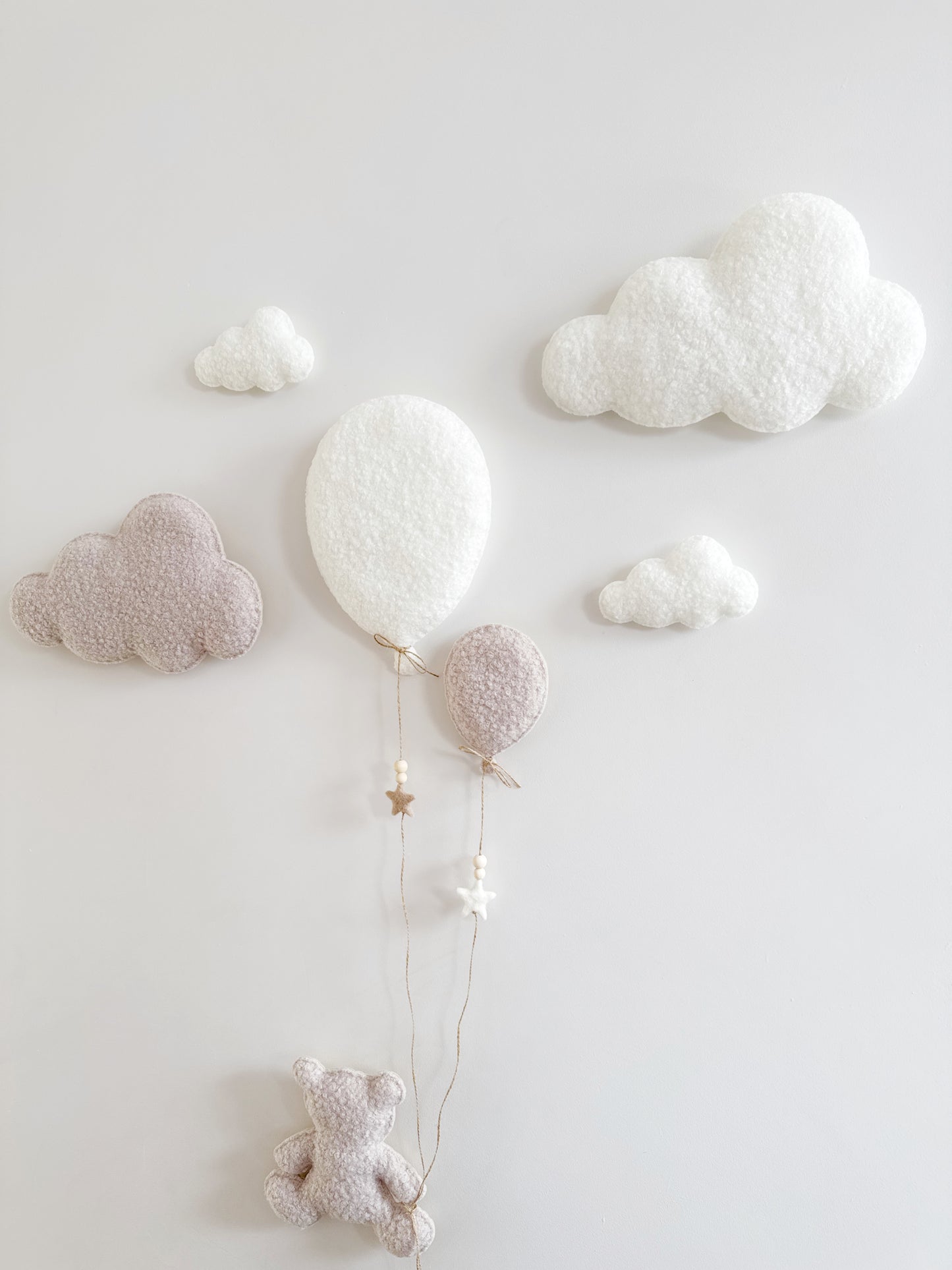 Balloons & Clouds Wall Display Set - 2 Balloons, Large Teddy Bear - Ivory & Stone Bouclé