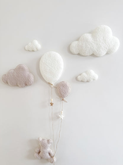 Balloons & Clouds Wall Display Set - 2 Balloons, Large Teddy Bear - Ivory & Stone Bouclé