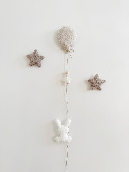 Mini Bunny Wall Display Set - Balloon & Bunny with Stars - Ivory, Ecru & Taupe Bouclé - READY TO POST