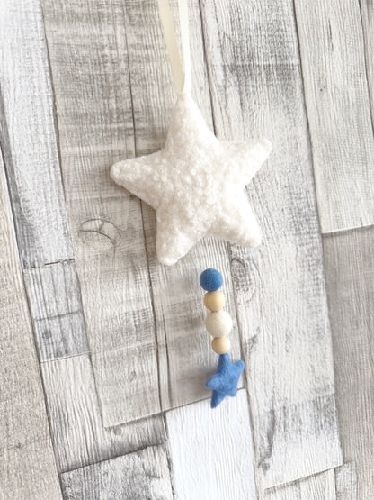 Bouclé Star Hanging Decoration - Stone & Blue - READY TO POST