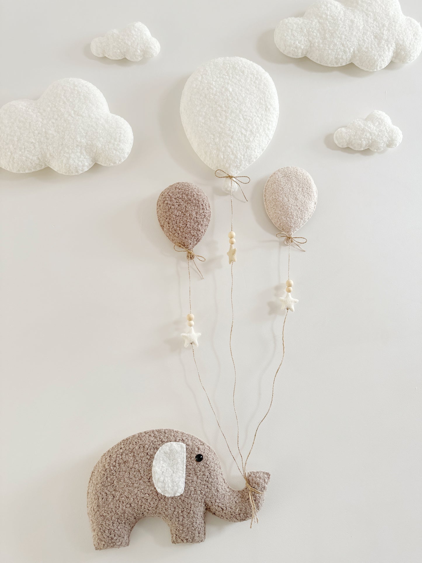 Balloons & Clouds Wall Display Set - 3 Balloons - XL Elephant - Ivory, Ecru & Taupe Bouclé Balloon Mix