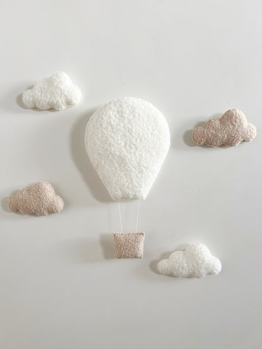 Hot Air Balloon & Small Clouds Wall Display Set - Ivory & Ecru Bouclé