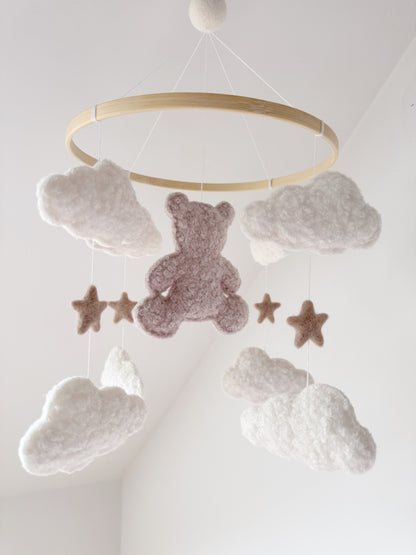 Teddy Bear & Clouds Bouclé Cot Mobile