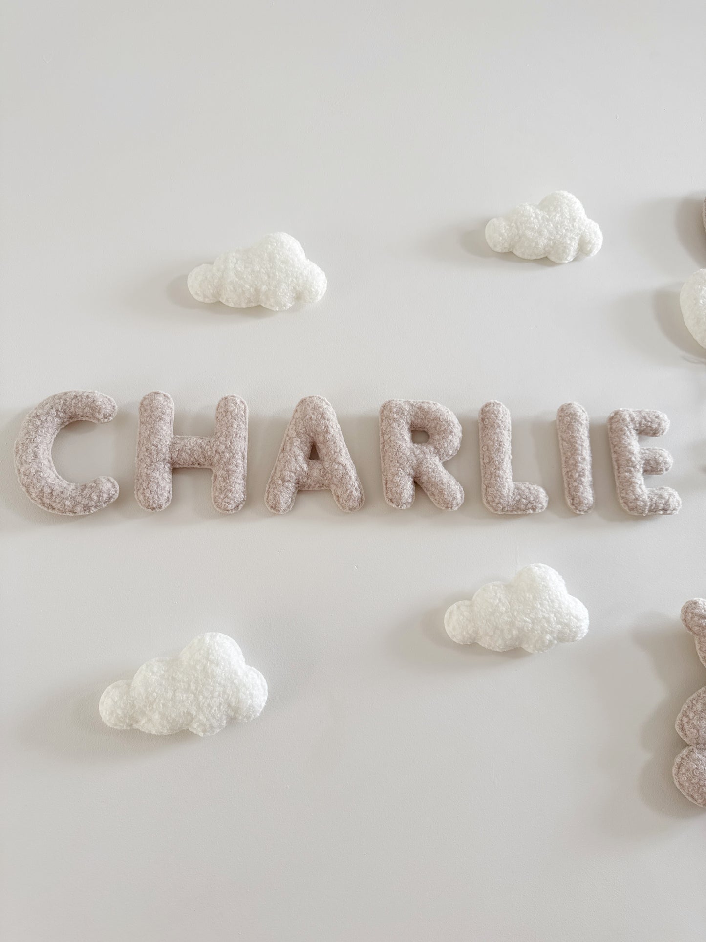 Personalised Name with Large Teddy Bear - Small & Mini Balloons 9pc Wall Display Set - Ivory & Stone Bouclé