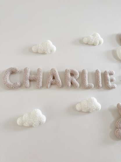 Personalised Name with Large Teddy Bear - Small & Mini Balloons 9pc Wall Display Set - Ivory & Stone Bouclé