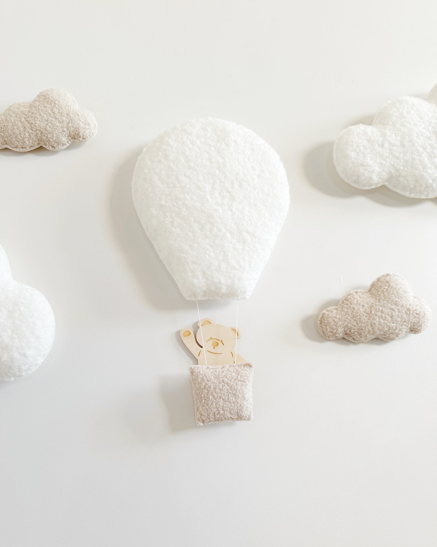 Hot Air Balloon, Clouds & Wooden Teddy Bear Wall Display Set - Ivory & Ecru Bouclé