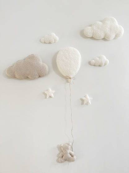 Balloon ,Clouds & Stars Wall Display Set  - 8 piece set - Small Teddy Bear - Ivory & Ecru Bouclé