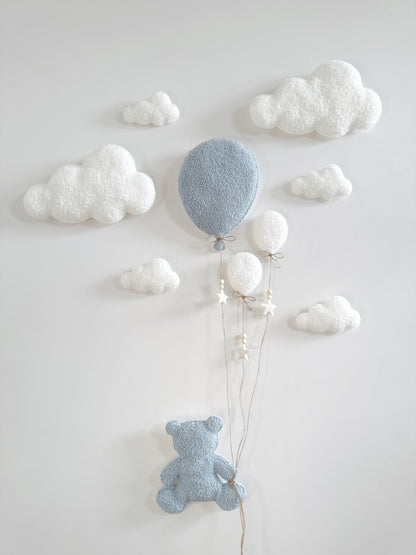 Balloons & Clouds Wall Display Set -10 piece set - Large Teddy Bear - Ivory & Baby Blue Bouclé