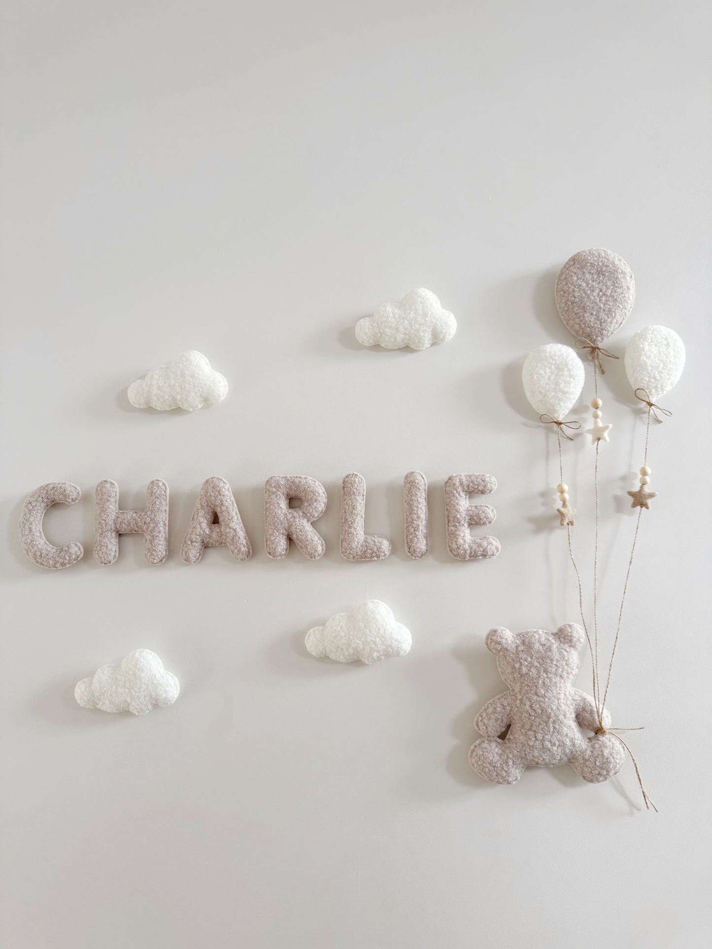 Personalised Name with Large Teddy Bear - Small & Mini Balloons 9pc Wall Display Set - Ivory & Stone Bouclé