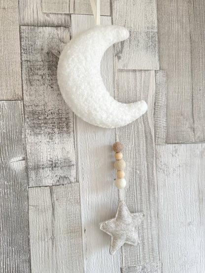 Mini Bouclé Moon & Star Hanging Decoration -  Ivory Bouclé & Oatmeal Felt  - READY TO POST