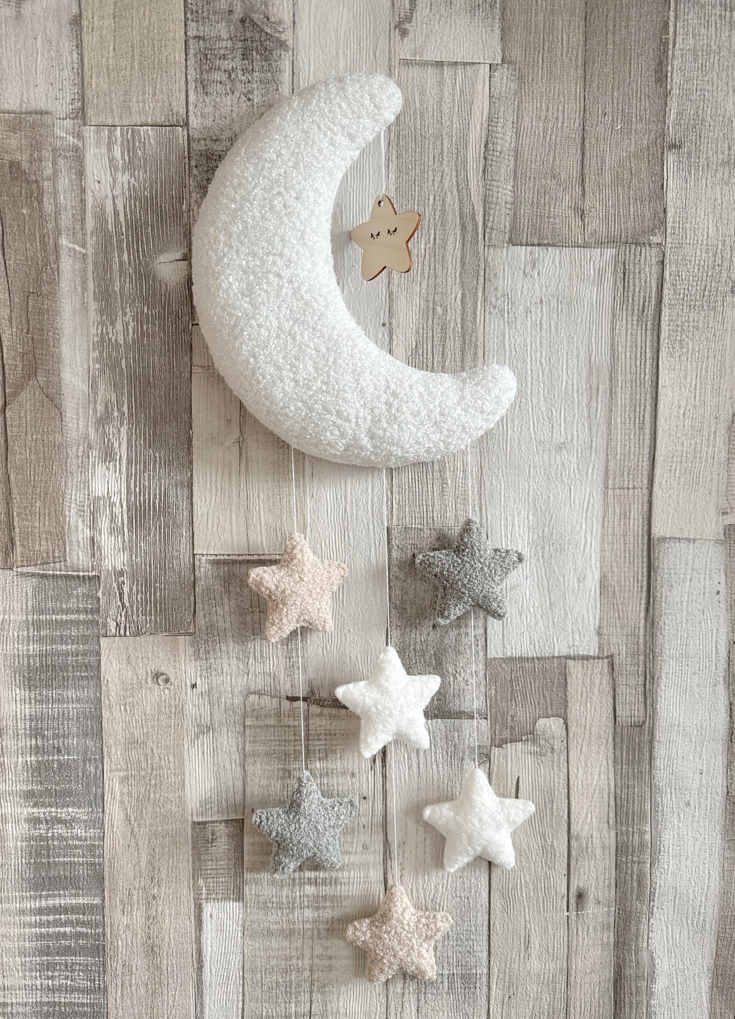 Sleepy Moon & Stars Wall Mobile - Ivory, Ecru & Light Grey Bouclé - READY TO POST