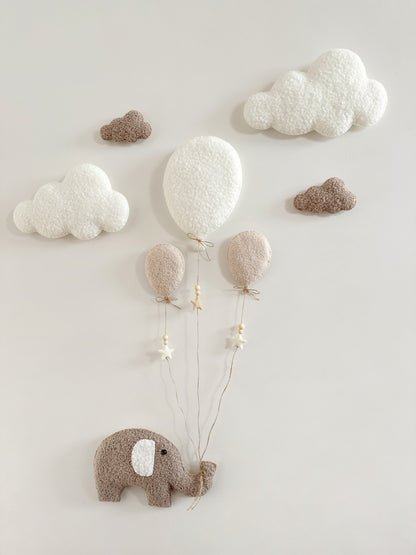 Balloons & Clouds Wall Display Set - 3 Balloons - XL Elephant - Ivory & Ecru Bouclé Balloons - Taupe Bouclé Clouds