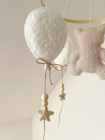 Teddy Bear & Balloons Bouclé Cot Mobile - Ivory & Ecru