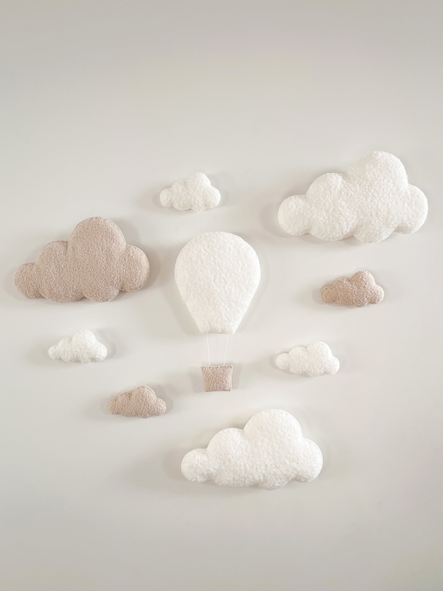 Large Hot Air Balloon Wall Display Set with XL & Small Clouds  - 9 piece set - Ivory & Ecru Bouclé