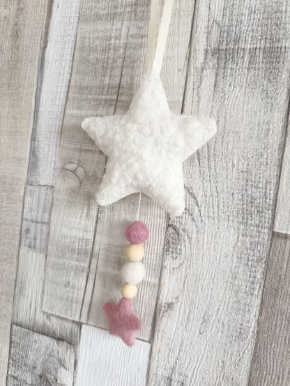 Bouclé Star Hanging Decoration - Ivory & Dusty Pink - READY TO POST