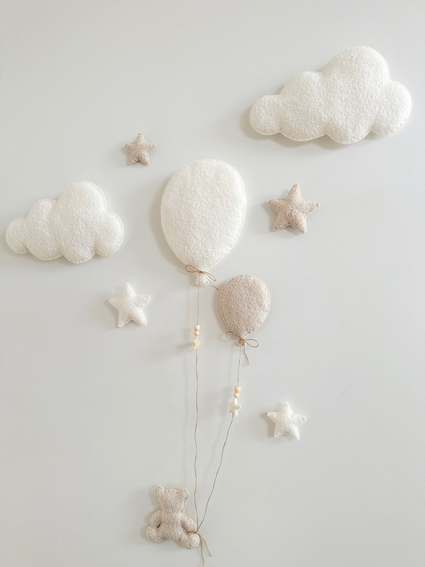 Balloons, Clouds & Stars Wall Display Set - 2 Balloons - Small Teddy Bear - Ivory & Ecru Bouclé