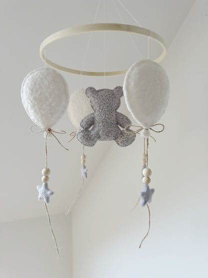 Teddy Bear & Balloons Bouclé Cot Mobile - Ivory & Light Grey