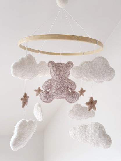 Teddy Bear & Clouds Bouclé Cot Mobile