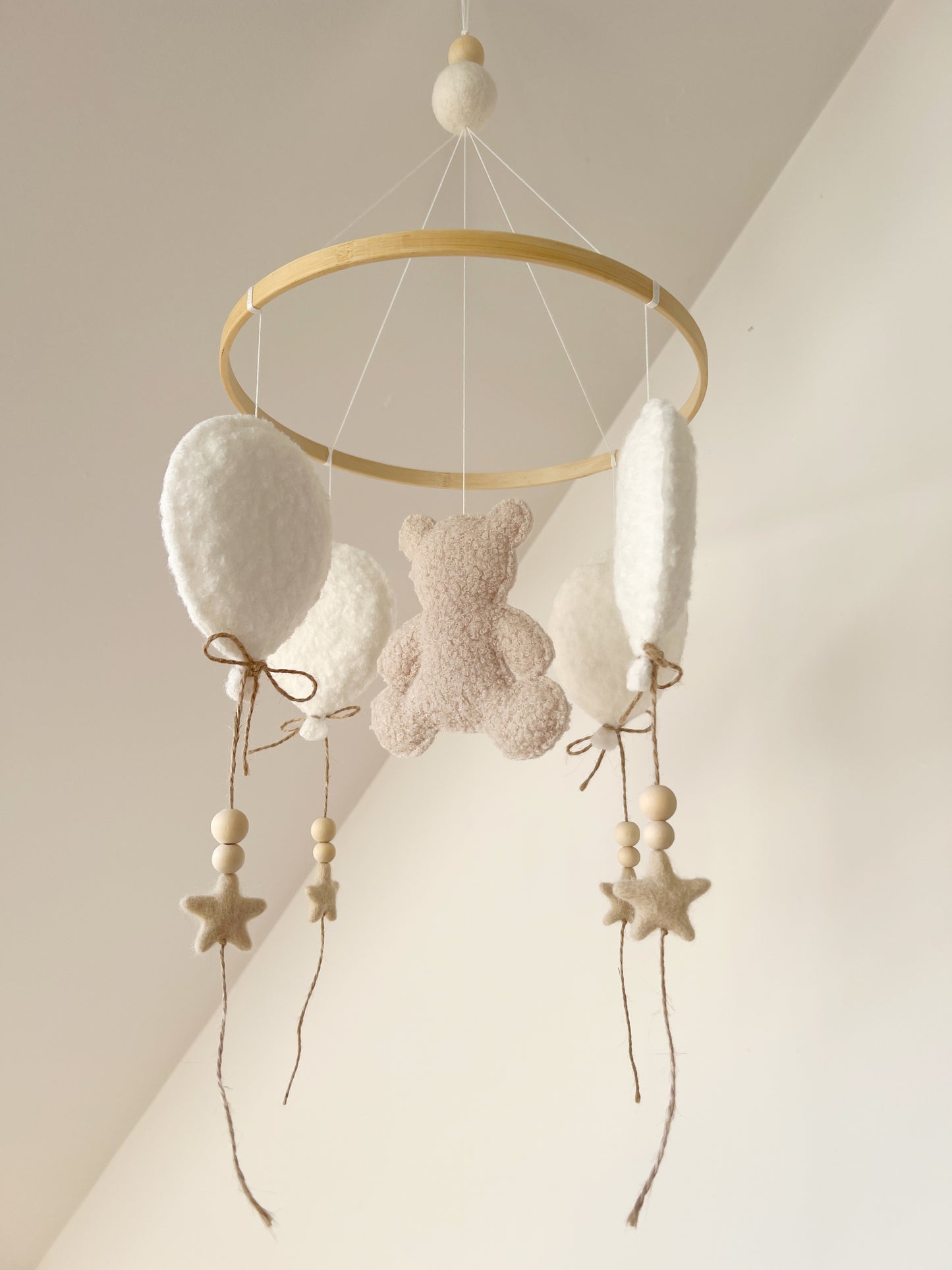 Teddy Bear & Balloons Bouclé Cot Mobile - Ivory & Ecru