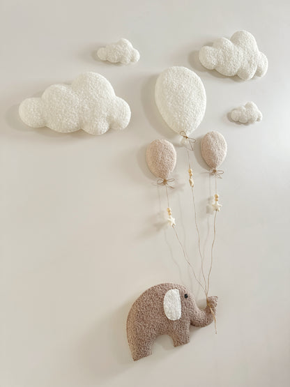 Balloons & Clouds Wall Display Set - 3 Balloons - XL Elephant - Ivory & Ecru Bouclé Balloons