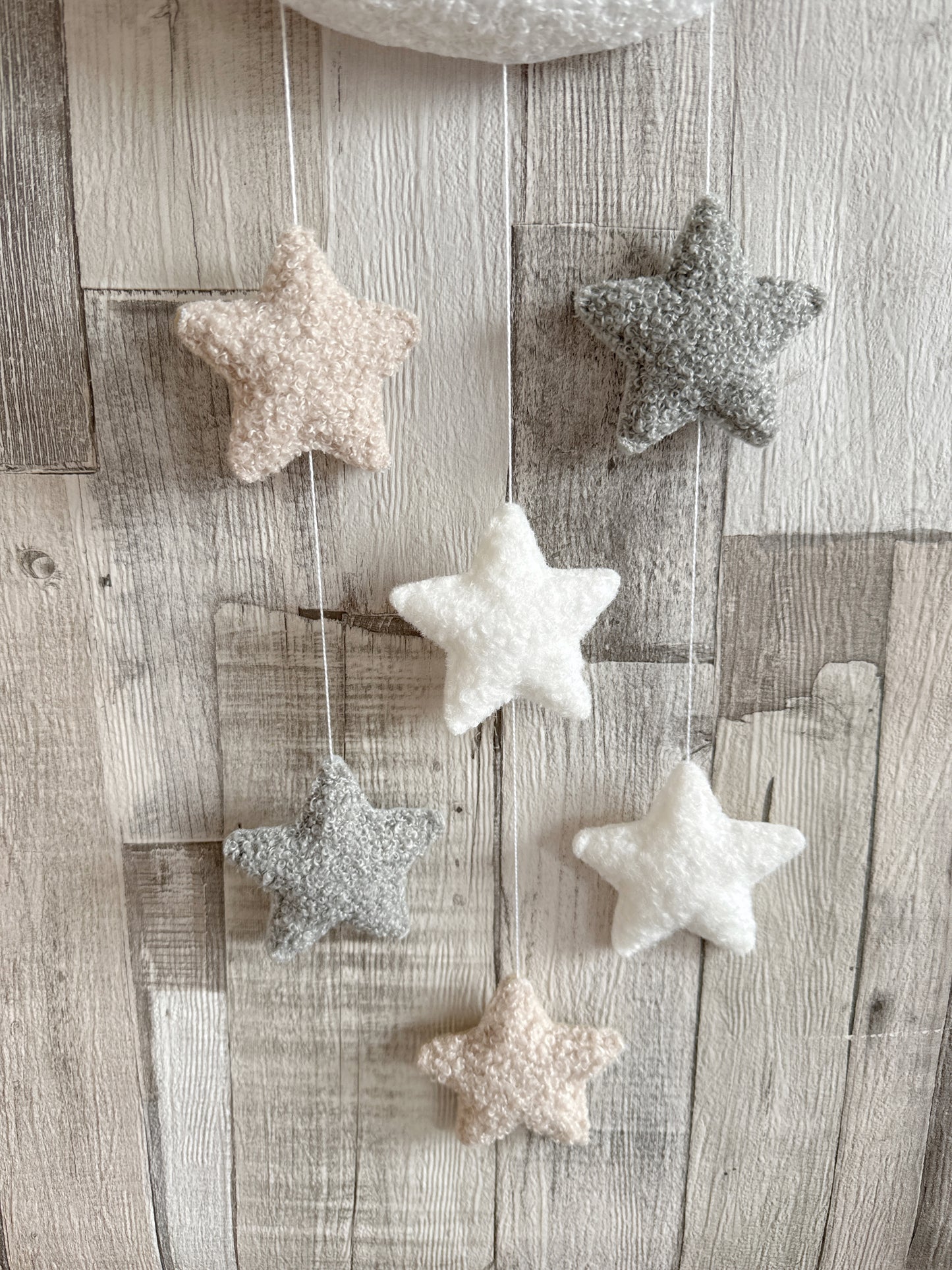 Sleepy Moon & Stars Wall Mobile - Ivory, Ecru & Light Grey Bouclé - READY TO POST