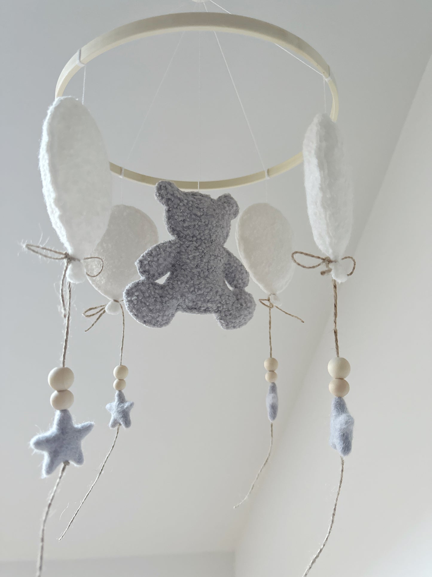 Teddy Bear & Balloons Bouclé Cot Mobile - Ivory & Light Grey