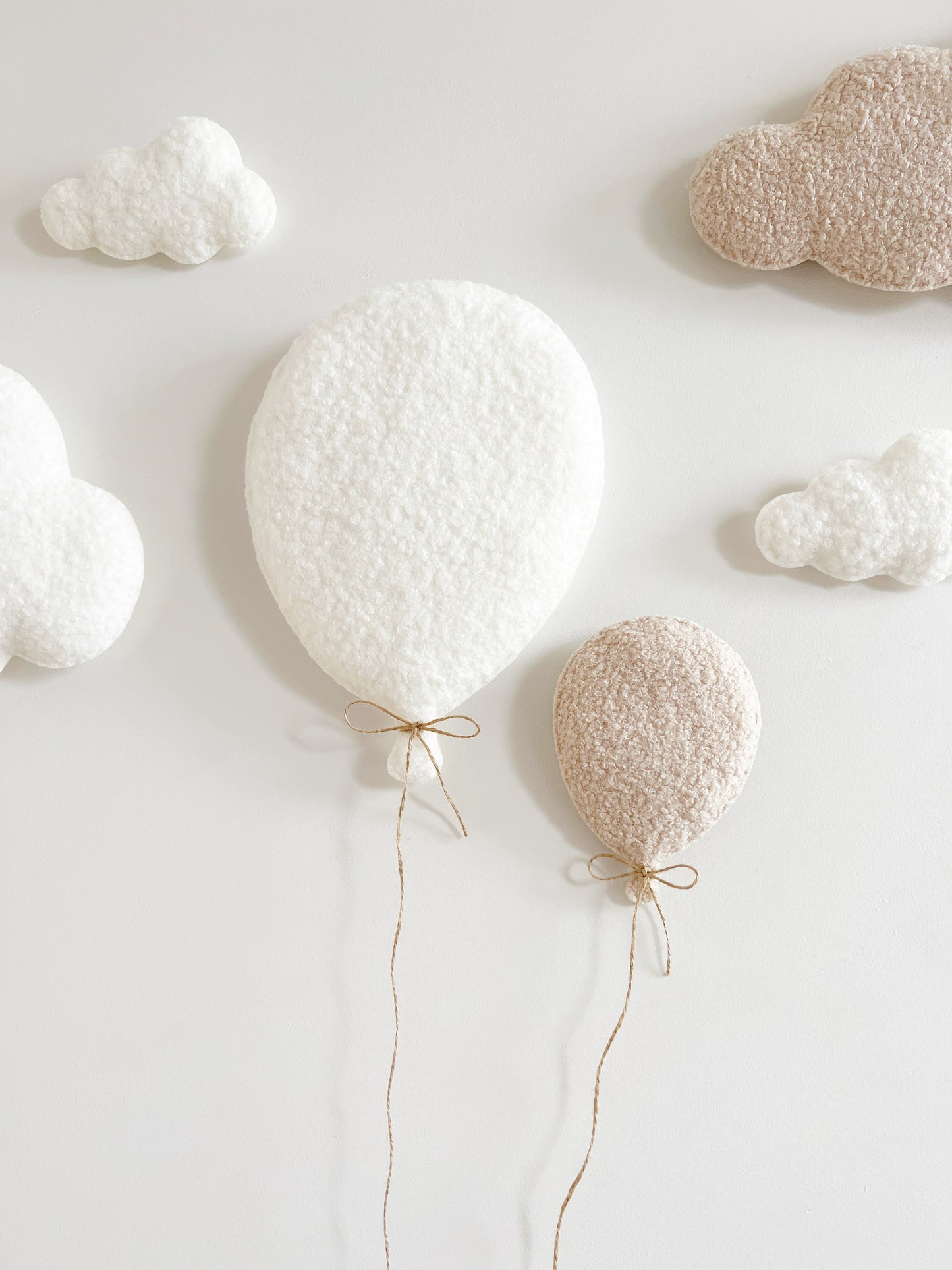 Balloons & Clouds Wall Display Set - 2 Balloons - Small Teddy Bear - Ivory & Ecru Bouclé