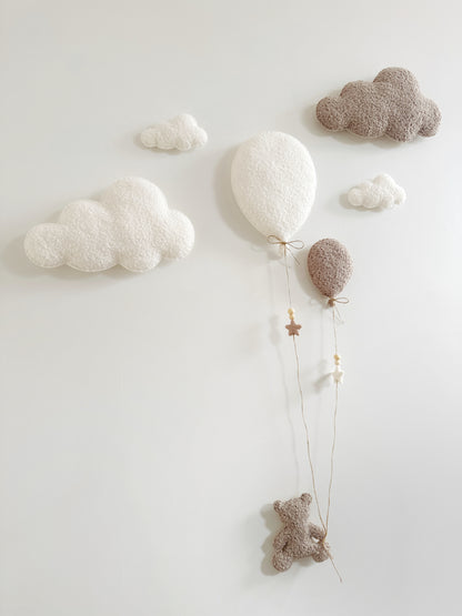 Balloons & Clouds Wall Display Set - 2 Balloons - Small Teddy Bear - Ivory & Taupe Bouclé