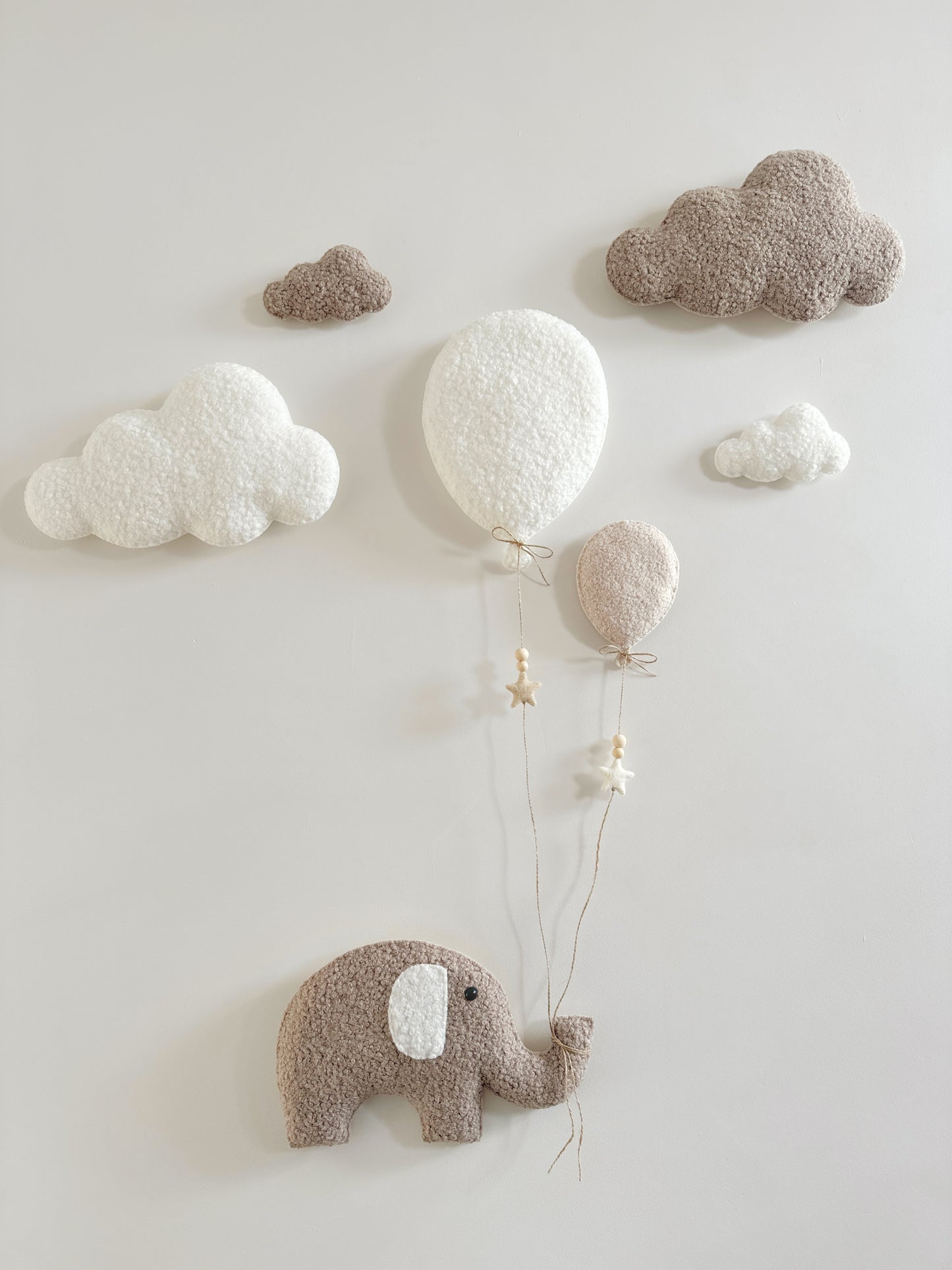 Balloons & Clouds Wall Display Set - 2 Balloons, XL Elephant - Ivory, Taupe & Ecru Mix Bouclé