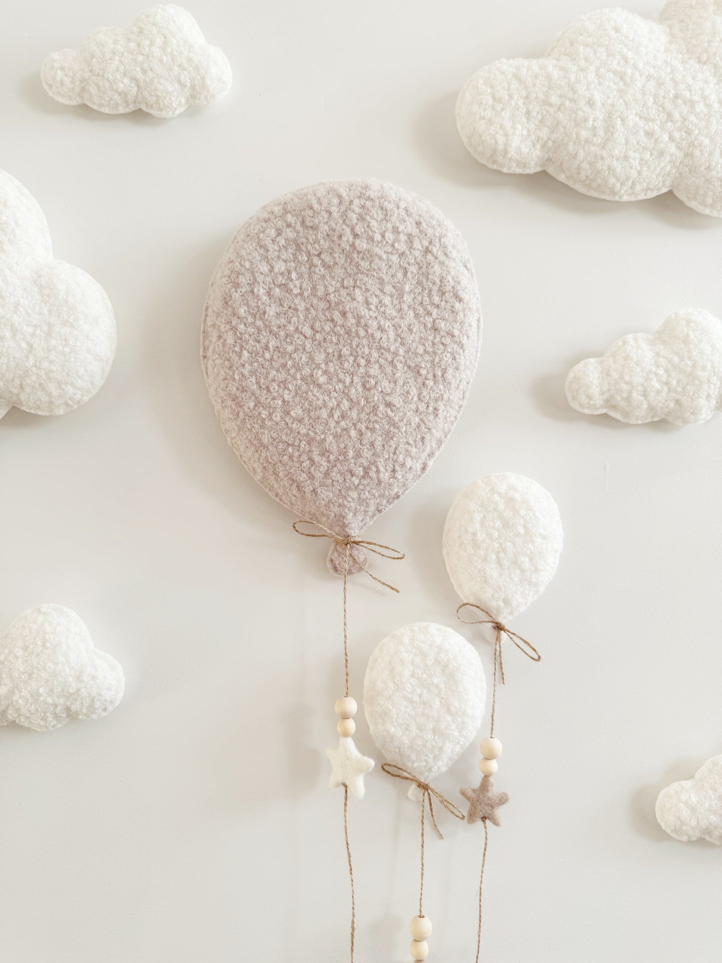 Balloons & Clouds Wall Display Set -10 piece set - Large Teddy Bear - Ivory & Stone Bouclé