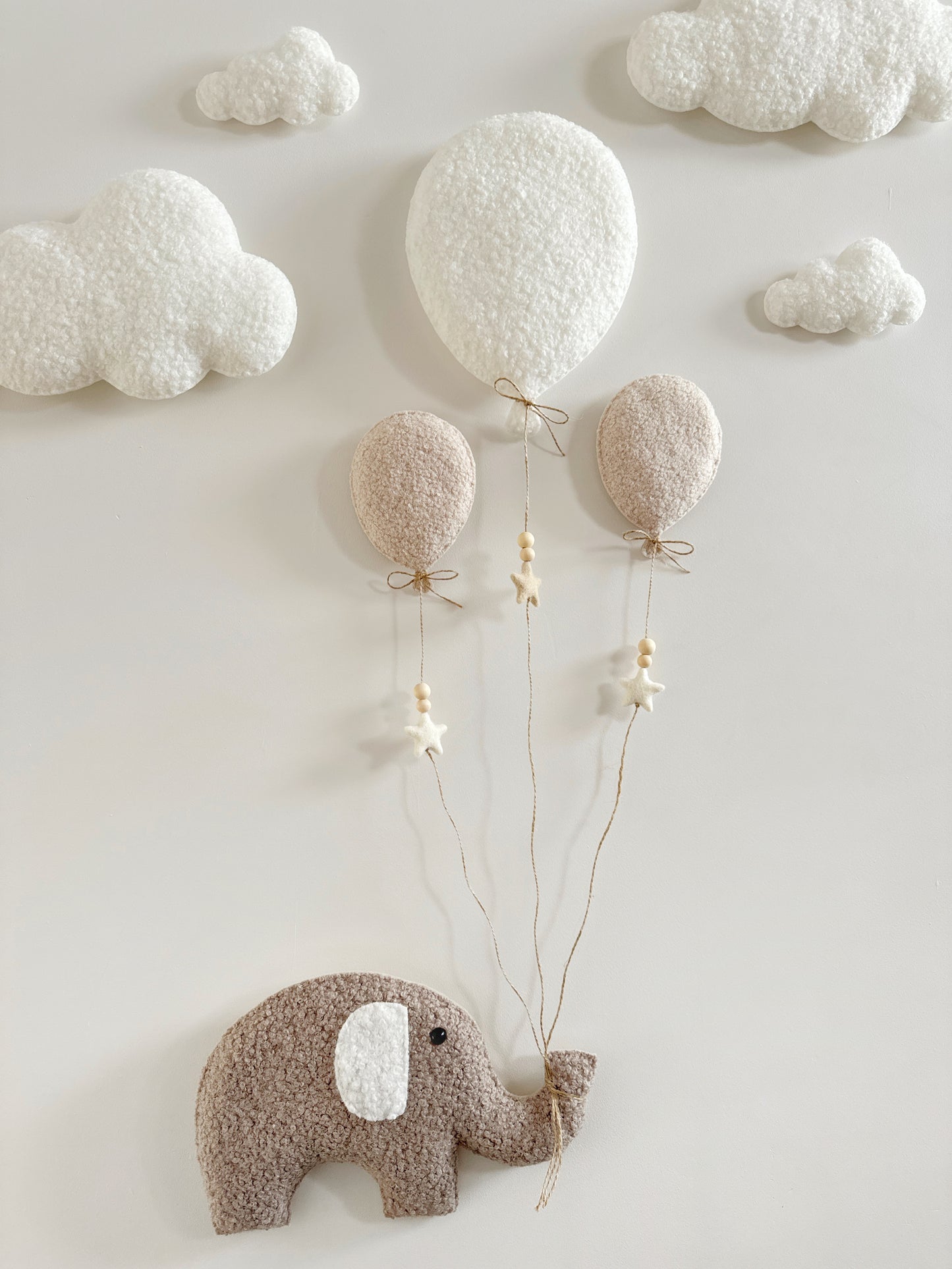 Balloons & Clouds Wall Display Set - 3 Balloons - XL Elephant - Ivory & Ecru Bouclé Balloons