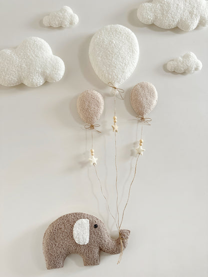 Balloons & Clouds Wall Display Set - 3 Balloons - XL Elephant - Ivory & Ecru Bouclé Balloons