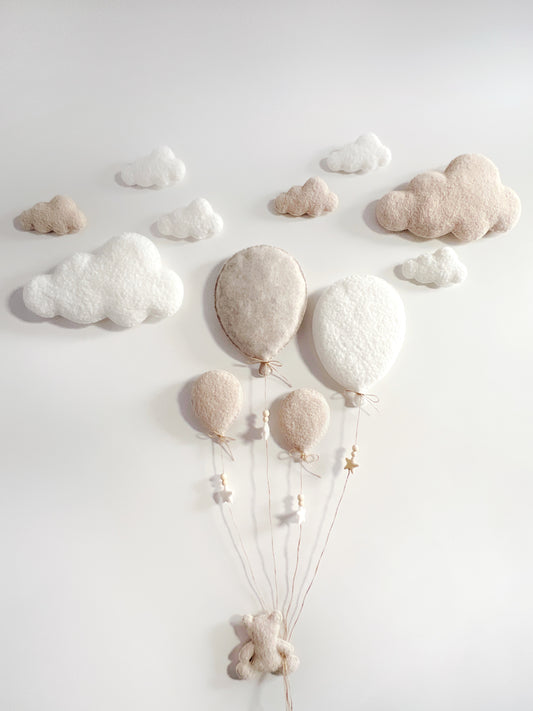 Balloons & Clouds Wall Display Set - 4 Balloons 8 Clouds - Small Teddy Bear - Ivory & Ecru Bouclé