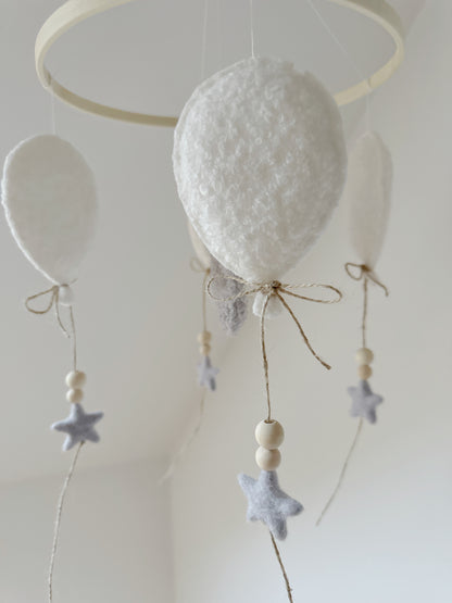 Teddy Bear & Balloons Bouclé Cot Mobile - Ivory & Light Grey