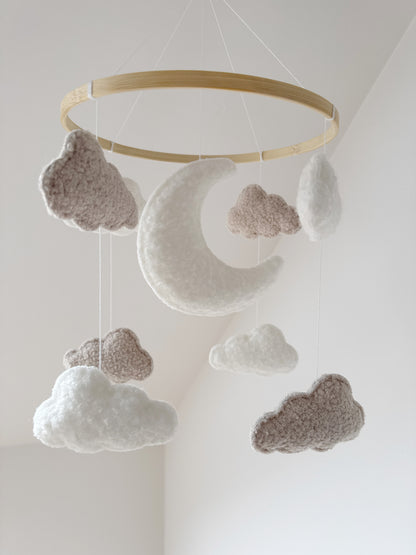 Moon & Clouds Bouclé Cot Mobile - Ivory & Ecru Bouclé