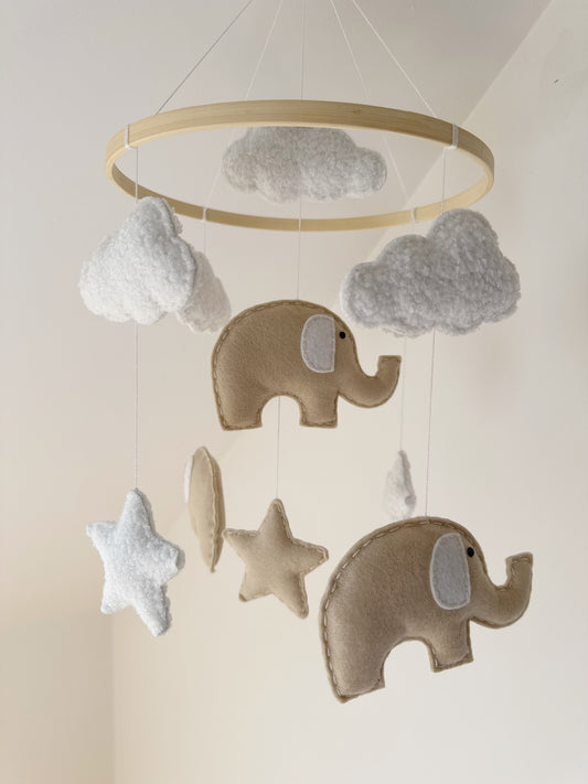 Elephants, Clouds & Stars Cot Mobile - Beige Felt & White Bouclé