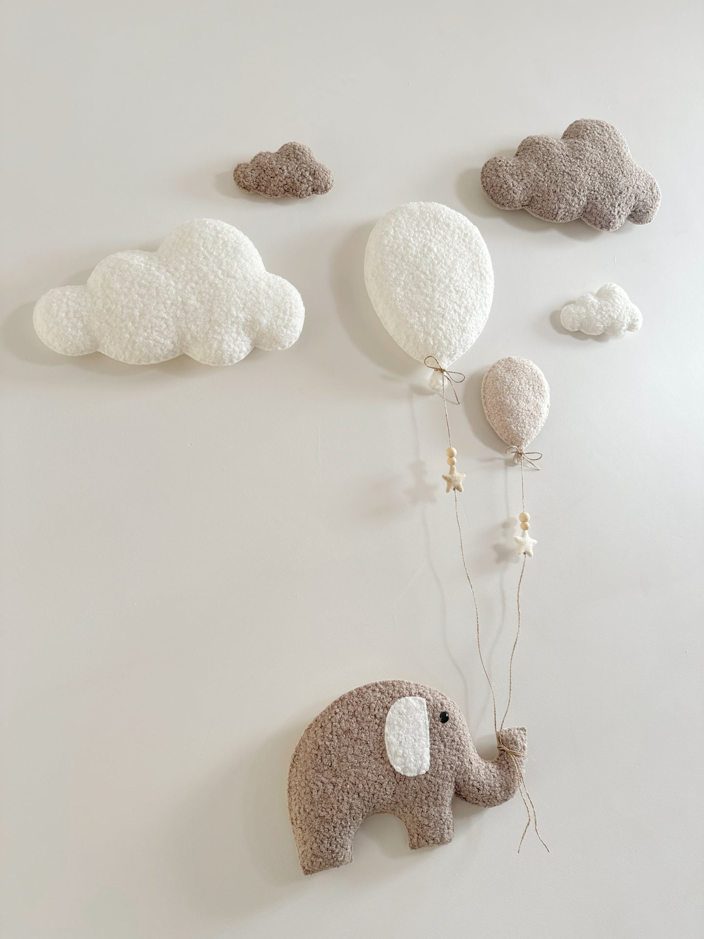 Balloons & Clouds Wall Display Set - 2 Balloons, XL Elephant - Ivory, Taupe & Ecru Mix Bouclé