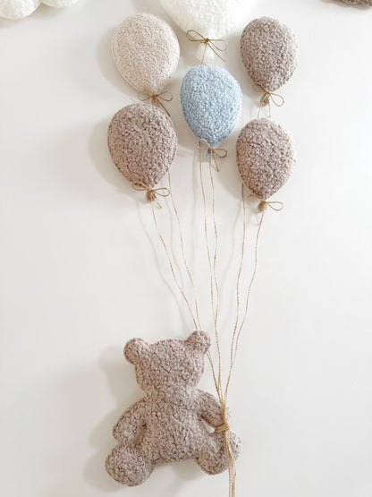 Balloons & Clouds Wall Display Set - 6 Balloons - Large Teddy Bear - Taupe & Baby Blue Mix Bouclé