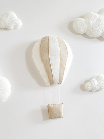 Layered Felt Hot Air Balloon & 4 Bouclé Clouds Wall Display Set - Neutral