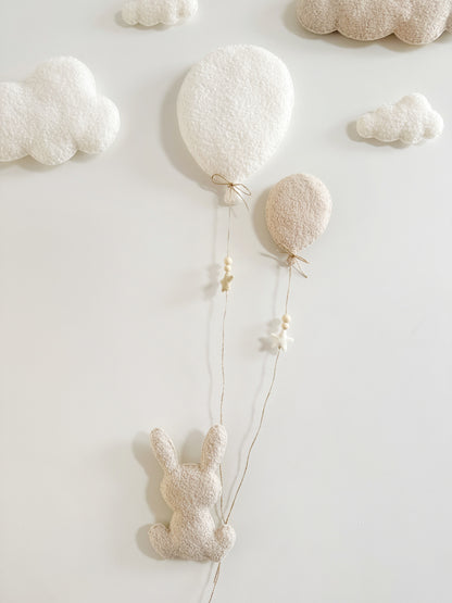 Balloons & Clouds Wall Display Set - 2 Balloons, Large Bunny - Ivory & Ecru Bouclé