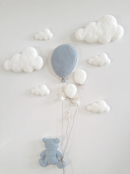 Balloons & Clouds Wall Display Set -10 piece set - Large Teddy Bear - Ivory & Baby Blue Bouclé