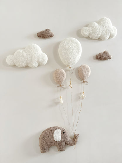 Balloons & Clouds Wall Display Set - 3 Balloons - XL Elephant - Ivory & Ecru Bouclé Balloons - Taupe Bouclé Clouds