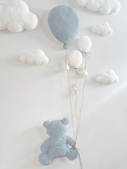 Balloons & Clouds Wall Display Set -10 piece set - Large Teddy Bear - Ivory & Baby Blue Bouclé