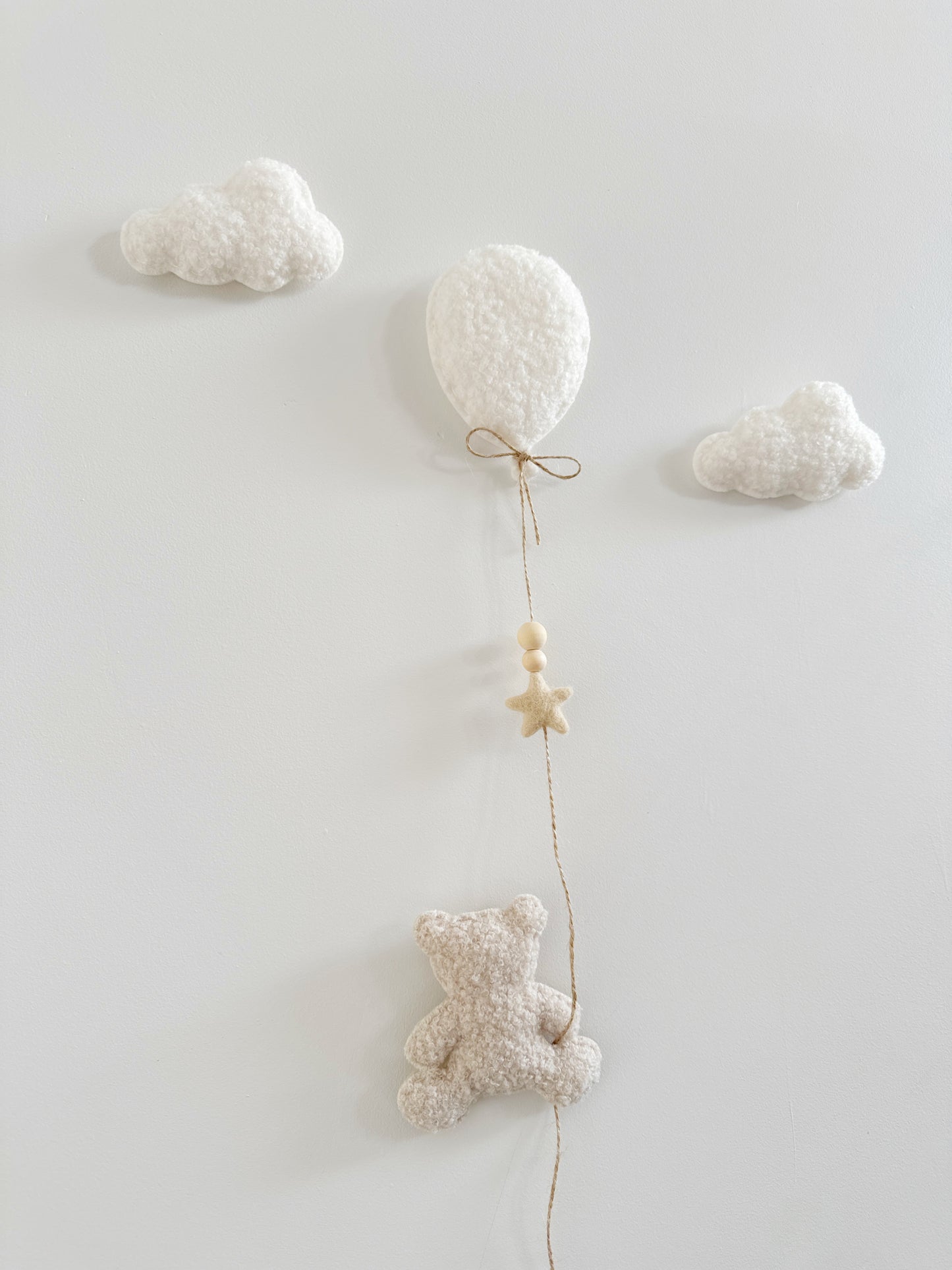 Mini Baby Bear Wall Display Set - Balloon & Teddy Bear with Clouds - Ivory & Ecru Bouclé