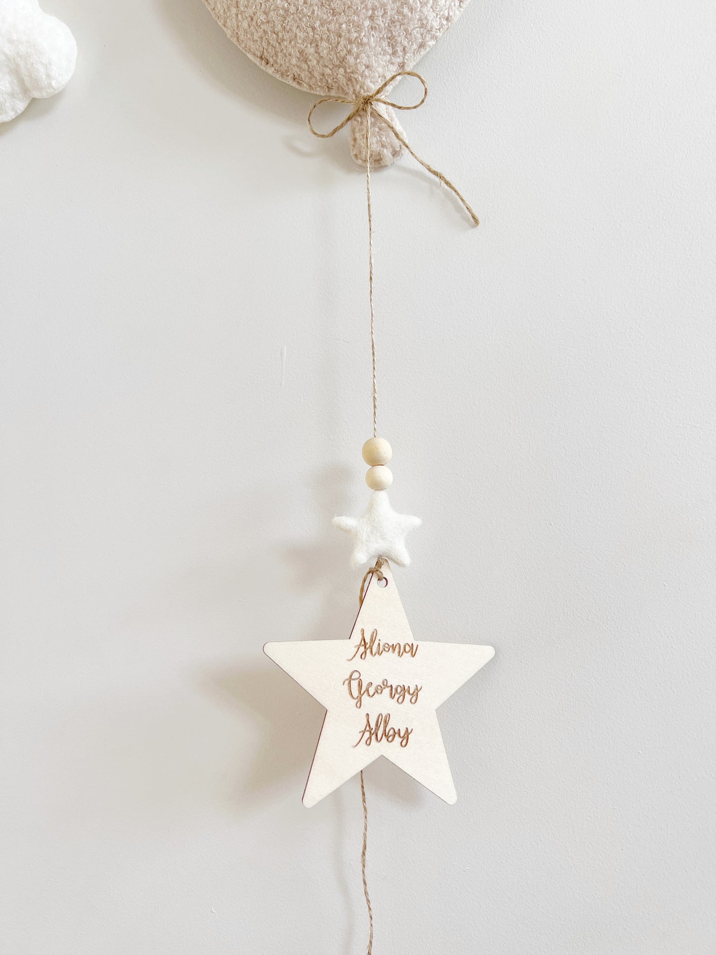 Personalised Wooden Star Large Individual Bouclé Balloon Wall Hanging Decoration