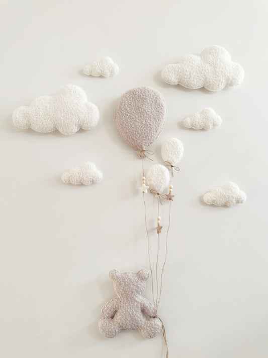 Balloons & Clouds Wall Display Set -10 piece set - Large Teddy Bear - Ivory & Stone Bouclé