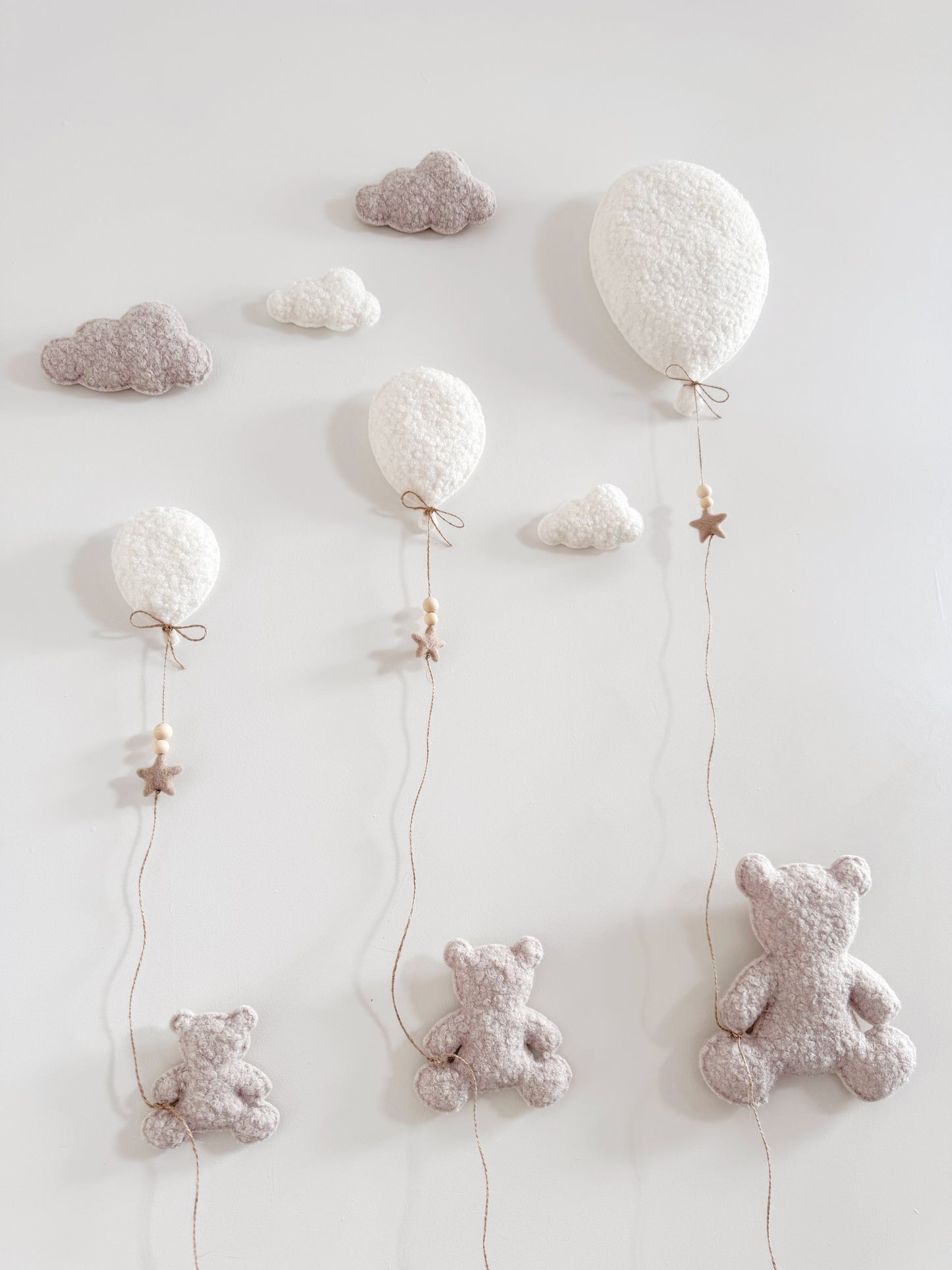Family of 3 Teddy Bears with  Balloons & Clouds Wall Display Set - Ivory & Stone Bouclé